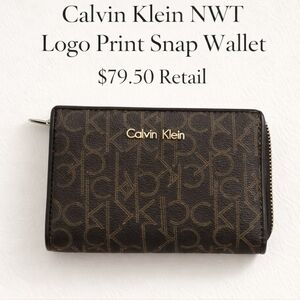 Calvin Klein NWT Logo Print Snap Wallet Brown Black $79.50 Retail